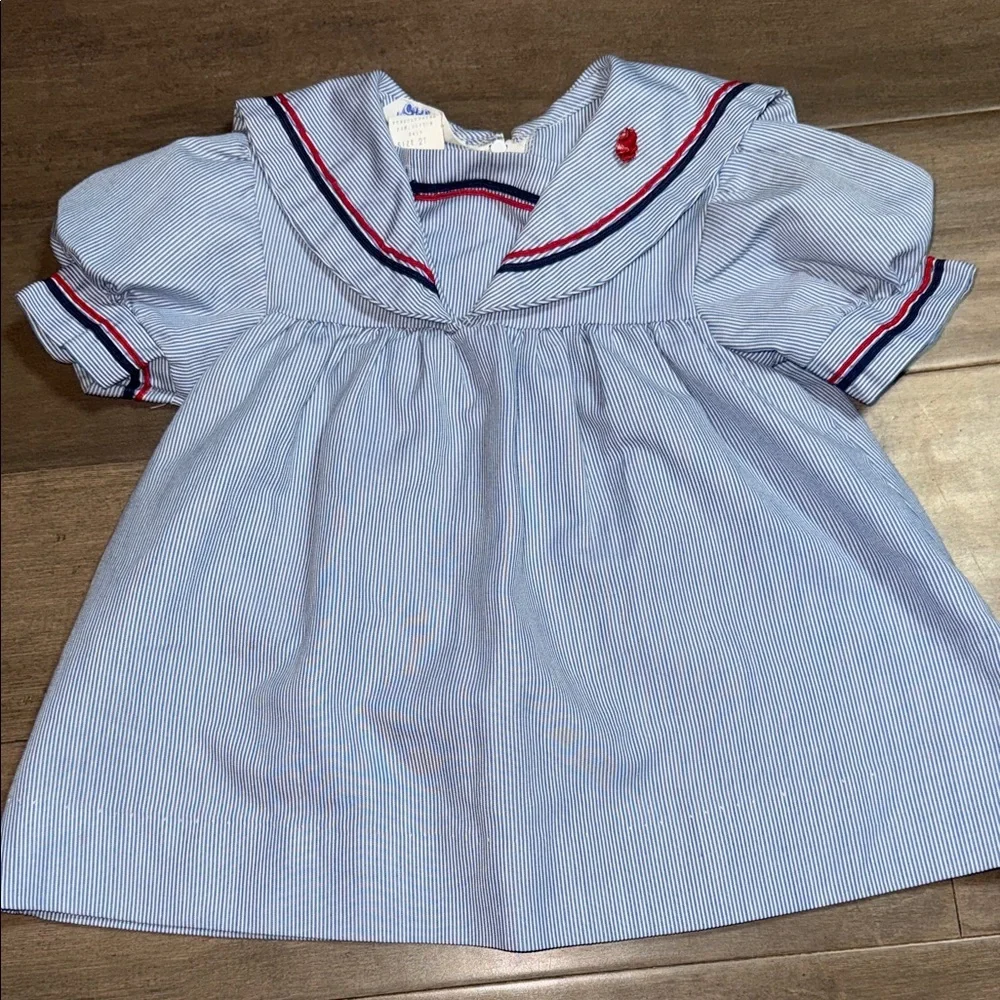 Vintage Blue White Pinstripe Sailor Dress Nautical Puff Sleeve SZ 2T